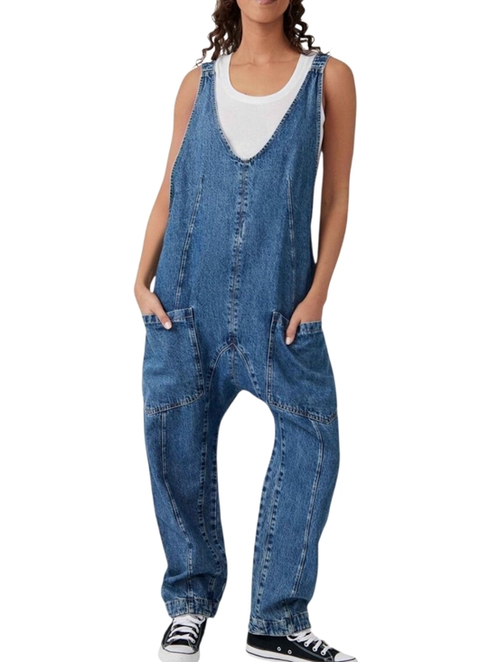 Free People Pants - Free People High Roller Jumpsuit Sapphire Blue Slouchy Relaxed Cotton Large NWT